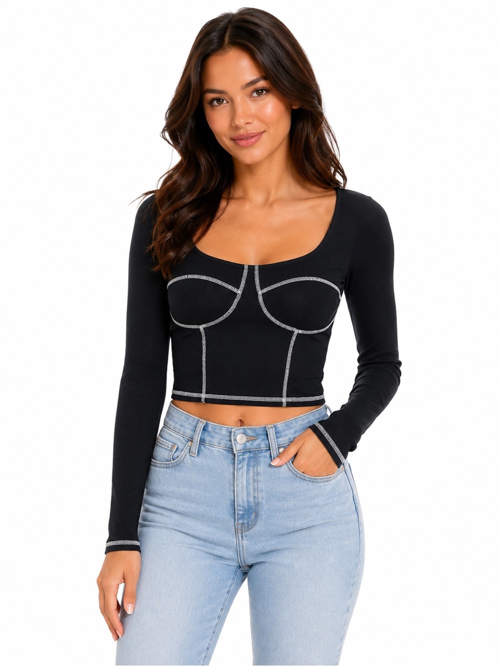 Hollister Black Long-Sleeve Crop Top with Contrast Stitching